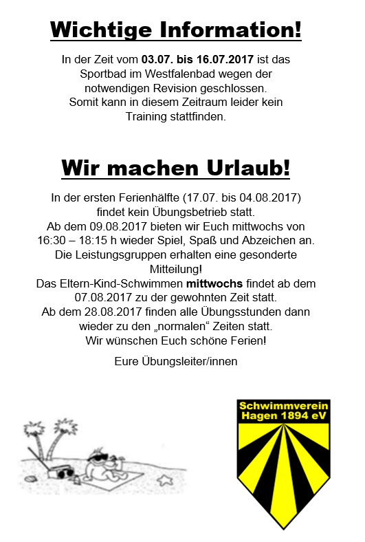 Informationen zur Revision Westfalenbad und Sommerferien 2017!